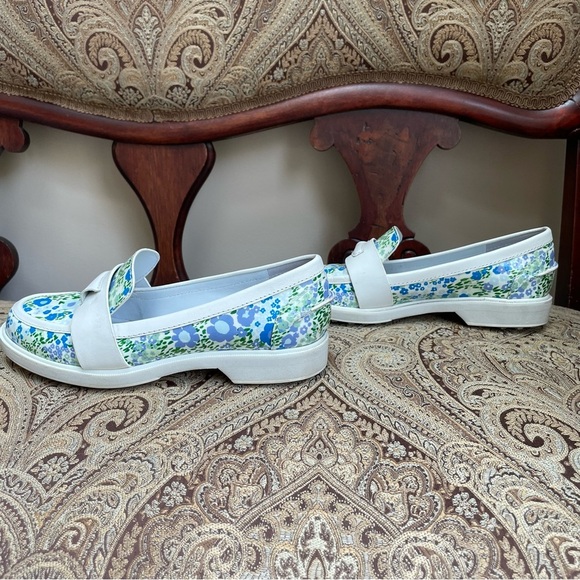 Tory Burch Sport Pocket Tee Golf Loafers Ace Blue Garden Floral Leather Size 7 - Picture 6 of 12